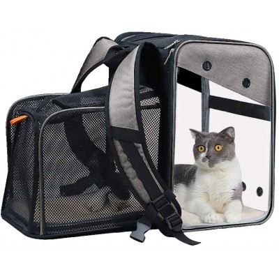 Queta Sac à dos pour chat et chien avec ouverture frontale transparente ou en maille filet Sac à dos pliable pour chat Boîte portable en forme de capsule d'espace Gris