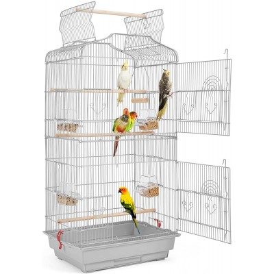 Yaheetech Cage à Oiseaux Perruche Cage avec Toit Ouvrable pour Calopsitte élégante Inséparable Perruche Ondulée Canaris 46 x 36 x 92 cm Gris Clair