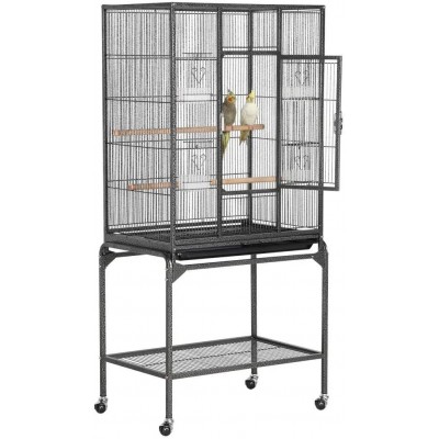 Yaheetech Grande Cage Volière Oiseaux intérieur 65,5 x 42,5 x 136,5cm avec Support Détable à roulettes pour Perroquet Noir