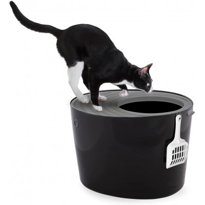 Iris Ohyama Bac à litière fermé avec entrée par le haut et couvercle à trous absence de dispersion de litière et d'odeur pelle incluse pour chat Cat Litter Box Jump-in PUNT-530 Noir