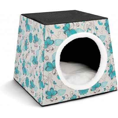 Maisons pour Chats Imprimées Niche pour Chat Intérieur Lit de Chat Cube avec Coussin Amovible Bleu Fleuri