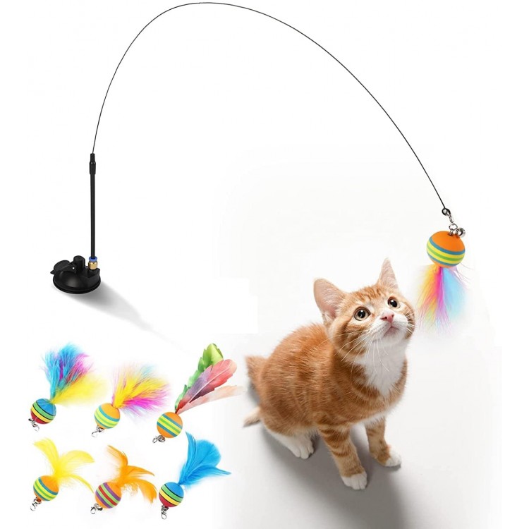 Jouet interactif pour chat avec plumes Avec ventouse amovible Avec tête en plume naturelle Jeu de 6 cloches