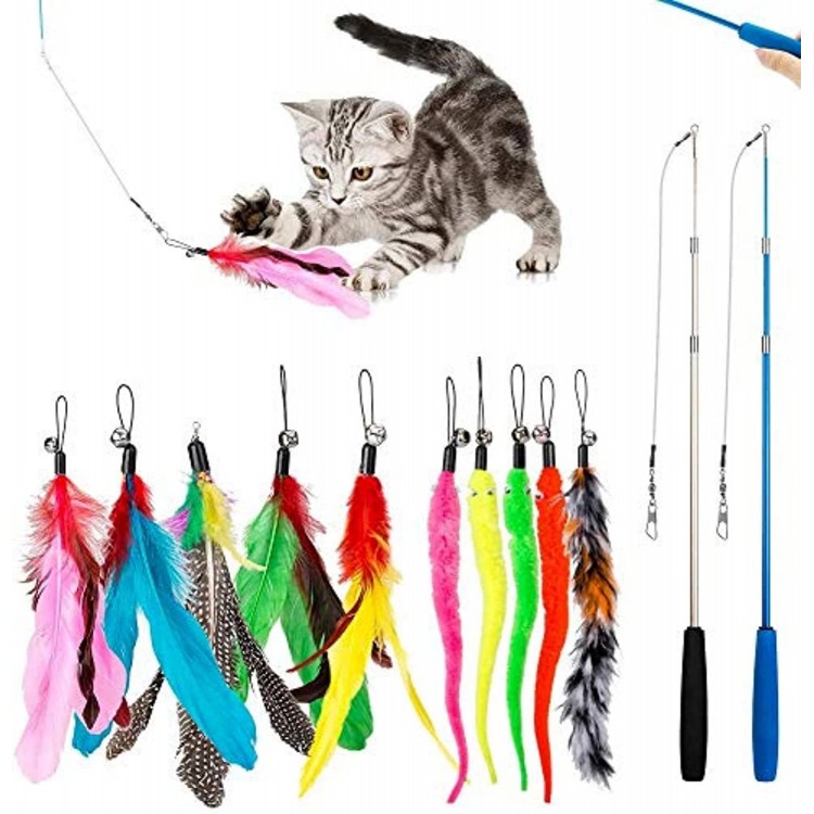 Lot de 2 jouets à plumes pour chat rétractables et 10 pièces de rechange Teaser avec recharges de cloche interactif et amusant pour chaton ou chat